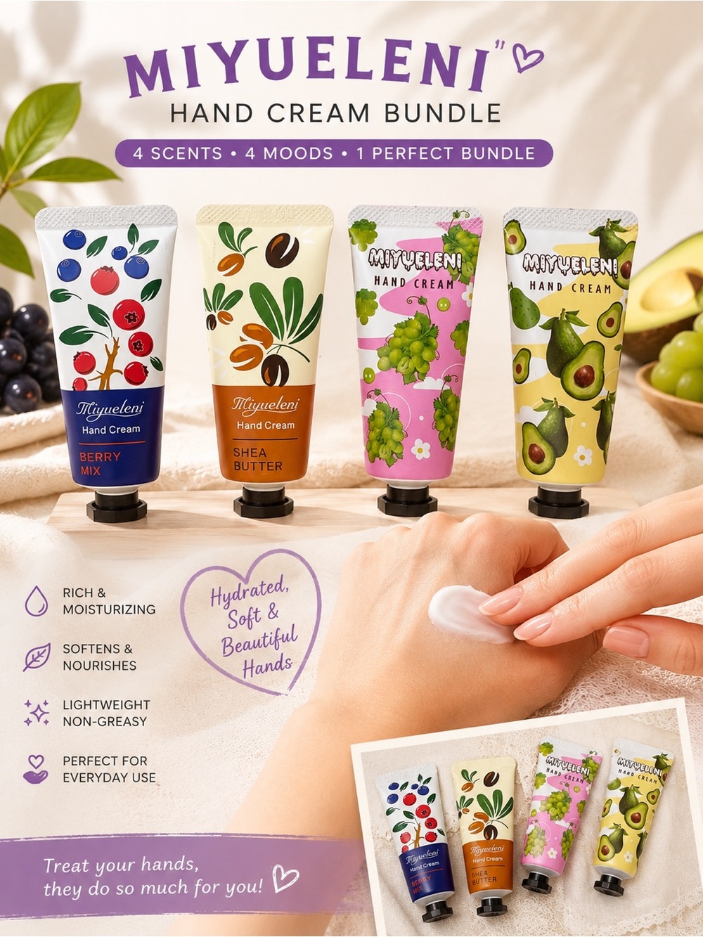 Miyueleni Hand Cream Bundle 4 Pc Berry Mix Shea Butter Grape Avocado